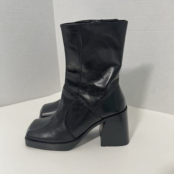 ASOS Leather Boots Womens 8 Mid Calf Chunky Square Toe Y2K Goth Gore NEW - Picture 4 of 13